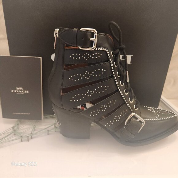 Coach Black Leather "Paisley Cutout" Studded Booties. NIB. Size 6 - Picture 1 of 13